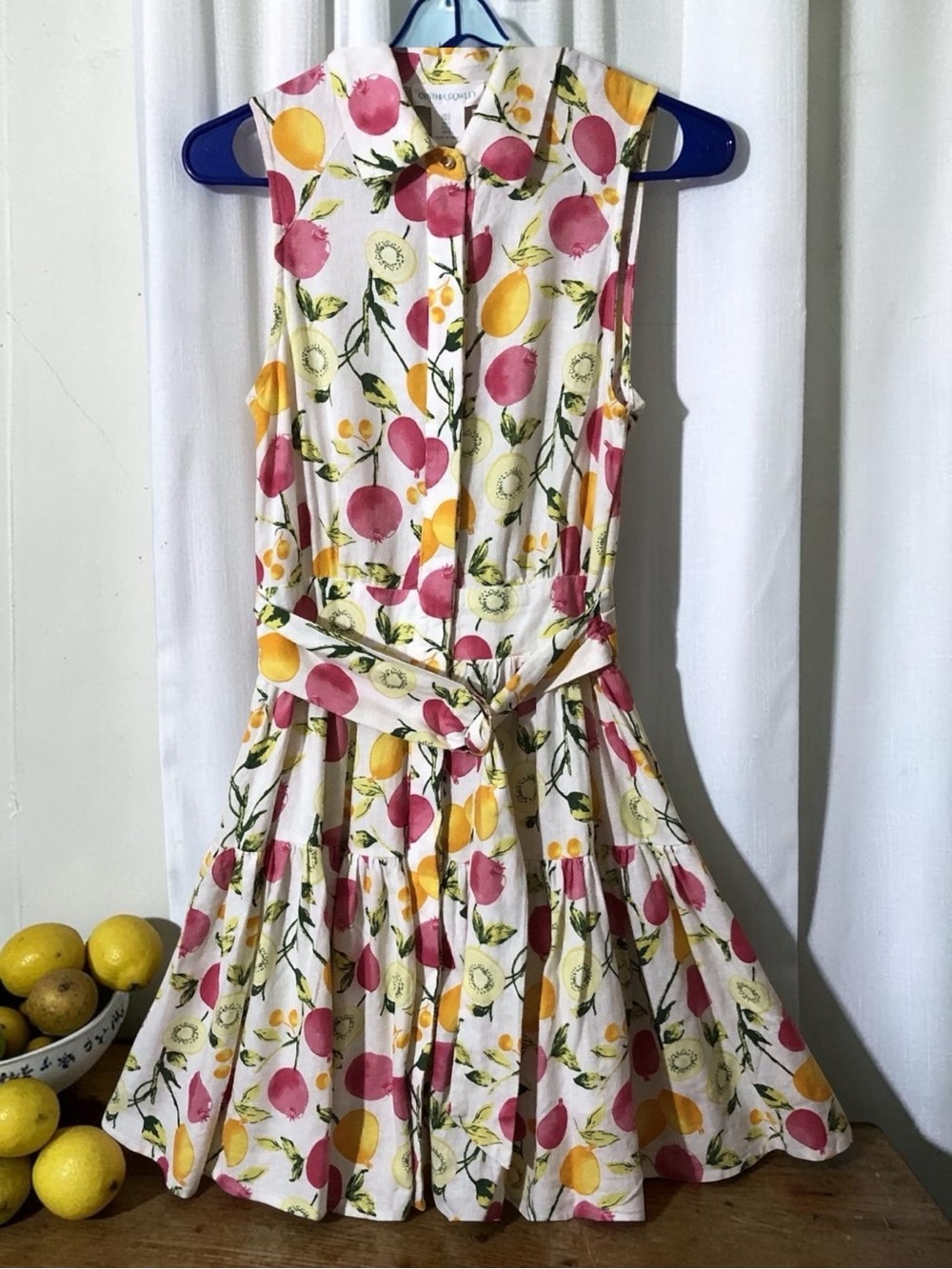Cynthia Rowley Linen Blend Tiered Button Belted Dress Lined-Skirt Fruits Sz 4